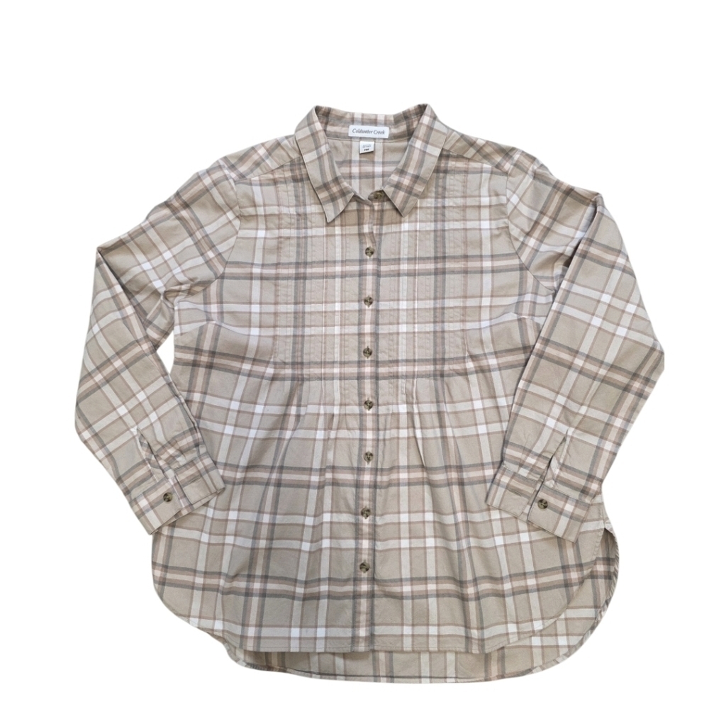 Coldwater Creek Women’s Button Up Size Medium Petite Tan Plaid Cotton Pleated